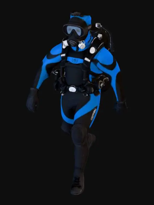 3D model for a human wearing full scuba diver gear showing no skin, has a head covering as well