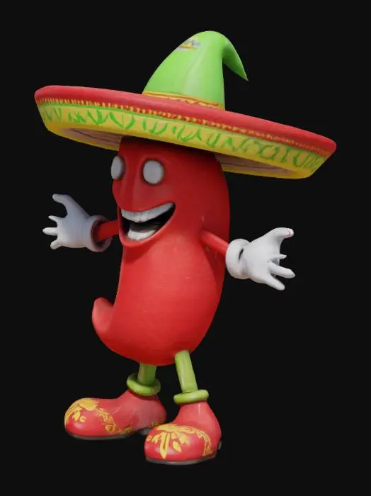 3D model for Mexican humanoid red chili pepper in a T pose with sombrero on head and a crazy look, white gloves and red shoes, decorated with detailed mexican emblems. ultra high quality #game figure#
