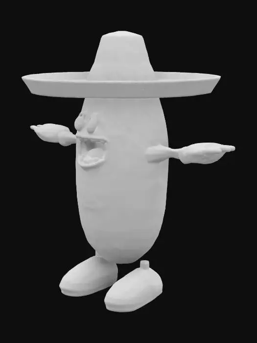 3D model for Mexican humanoid red chili pepper in a T pose with sombrero on head and a crazy look, white gloves and red shoes, decorated with detailed mexican emblems. ultra high quality #game figure#
