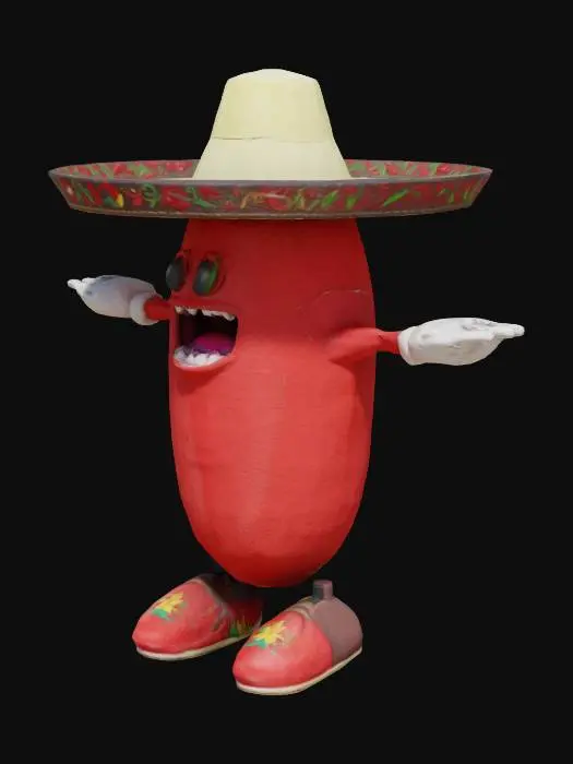 3D model for Mexican humanoid red chili pepper in a T pose with sombrero on head and a crazy look, white gloves and red shoes, decorated with detailed mexican emblems. ultra high quality #game figure#
