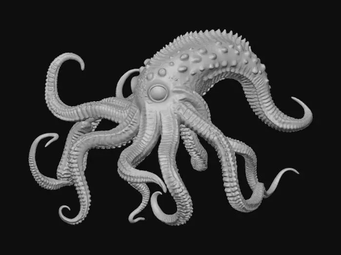 3D model for A massive, hyper-realistic D&D Kraken with no background. Full-body view in a clean ¾ angle for 3D modeling. Huge central body with thick armored hide, detailed textures, scars, and bioluminescent accents. Eight long tentacles posed clearly and separately, each with detailed suckers, musculature, and natural curvature. Large menacing eyes, ridged head plates, and sharp beak visible. Wet, glossy skin with realistic reflections and deep sea coloration. Dramatic but clean lighting to define form and anatomy.

Negative: no background, no water, no haze, no particles, no blur, no distortion, no fragmentation, no tentacle merging, no bleeding edges, no abstract shapes, no low detail.

Quality: ultra-detailed, photorealistic, 8k, sharp focus, crisp silhouette, model-ready.