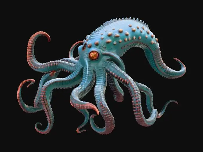 3D model for A massive, hyper-realistic D&D Kraken with no background. Full-body view in a clean ¾ angle for 3D modeling. Huge central body with thick armored hide, detailed textures, scars, and bioluminescent accents. Eight long tentacles posed clearly and separately, each with detailed suckers, musculature, and natural curvature. Large menacing eyes, ridged head plates, and sharp beak visible. Wet, glossy skin with realistic reflections and deep sea coloration. Dramatic but clean lighting to define form and anatomy.

Negative: no background, no water, no haze, no particles, no blur, no distortion, no fragmentation, no tentacle merging, no bleeding edges, no abstract shapes, no low detail.

Quality: ultra-detailed, photorealistic, 8k, sharp focus, crisp silhouette, model-ready.