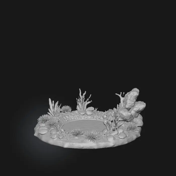 3D model for A detailed coral reef fantasy floor prop with no background. Circular or irregular terrain piece featuring layered coral structures, reef rock, shells, sea plants, and subtle glowing fantasy elements. Include textured stone, branching coral, sponge shapes, anemone-like fronds, and scattered small details such as pebbles or tiny magical crystals. Natural, vibrant reef colors with optional soft bioluminescent highlights. Clean lighting that clearly defines shapes and textures for 3D modeling.

Negative: no creatures, no water, no scenery beyond the prop, no blur, no fog, no particles, no distortion, no fragmentation, no bleeding edges, no floating pieces.

Quality: ultra-detailed, photorealistic, sharp focus, 8k textures, crisp silhouette, model-ready.