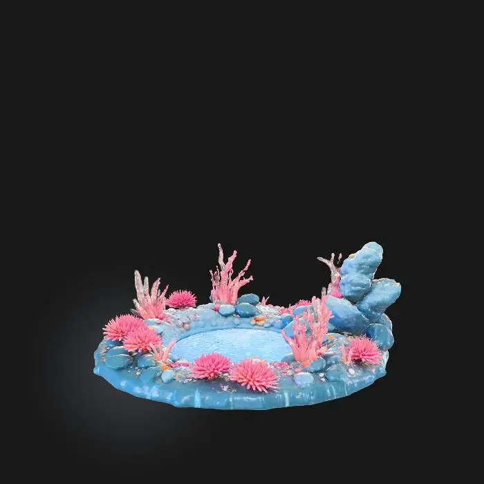 3D model for A detailed coral reef fantasy floor prop with no background. Circular or irregular terrain piece featuring layered coral structures, reef rock, shells, sea plants, and subtle glowing fantasy elements. Include textured stone, branching coral, sponge shapes, anemone-like fronds, and scattered small details such as pebbles or tiny magical crystals. Natural, vibrant reef colors with optional soft bioluminescent highlights. Clean lighting that clearly defines shapes and textures for 3D modeling.

Negative: no creatures, no water, no scenery beyond the prop, no blur, no fog, no particles, no distortion, no fragmentation, no bleeding edges, no floating pieces.

Quality: ultra-detailed, photorealistic, sharp focus, 8k textures, crisp silhouette, model-ready.