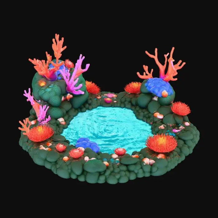 3D model for A detailed coral reef fantasy floor prop with no background. Circular or irregular terrain piece featuring layered coral structures, reef rock, shells, sea plants, and subtle glowing fantasy elements. Include textured stone, branching coral, sponge shapes, anemone-like fronds, and scattered small details such as pebbles or tiny magical crystals. Natural, vibrant reef colors with optional soft bioluminescent highlights. Clean lighting that clearly defines shapes and textures for 3D modeling.

Negative: no creatures, no water, no scenery beyond the prop, no blur, no fog, no particles, no distortion, no fragmentation, no bleeding edges, no floating pieces.

Quality: ultra-detailed, photorealistic, sharp focus, 8k textures, crisp silhouette, model-ready.