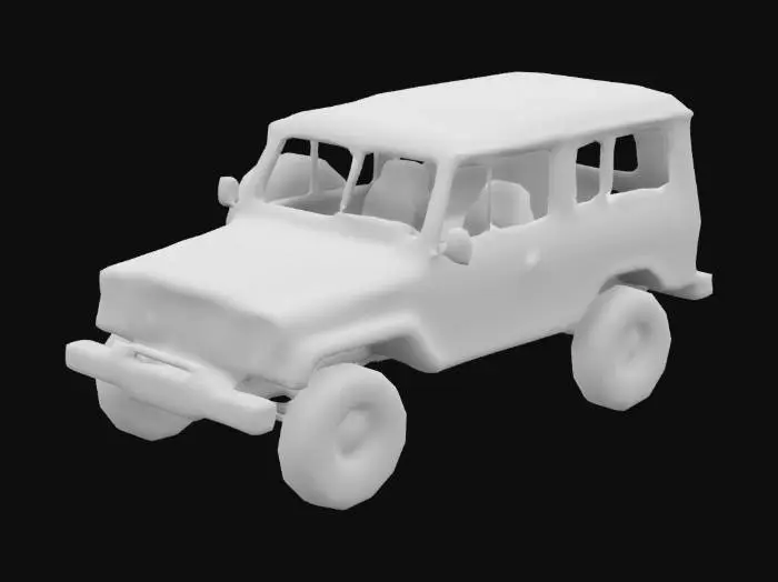 3D model for low-poly 3D model of a Russian UAZ car for Roblox with a boxy design, military green exterior, four rugged wheels, simple clear windows, basic headlights and taillights, a minimalist interior with two front seats and a rear bench, a spare tire mounted on the back, and all features merged into a single mesh optimized for Roblox, Game Assets