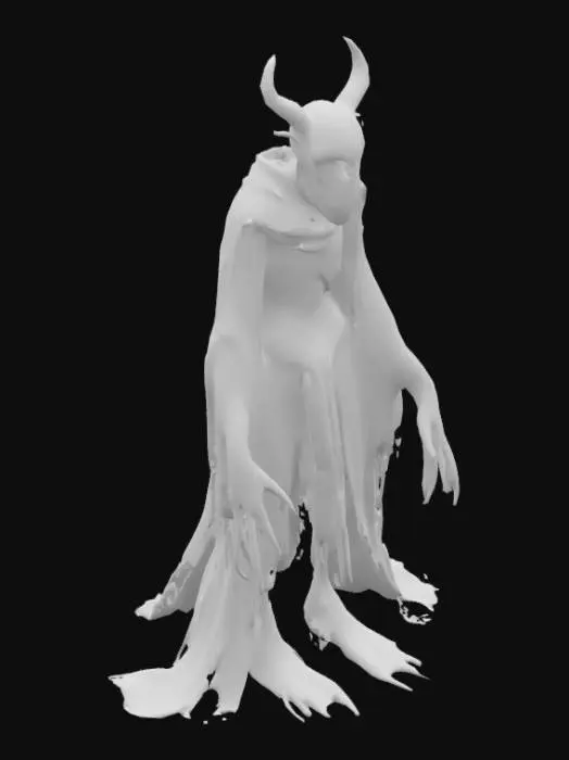 3D model for The Hollow Regent is a towering, emaciated figure draped in rotting ceremonial robes that constantly drip with black ichor. Its face is a cracked porcelain mask, fused to flesh, with no visible mouth—only the faint sound of wet breathing from beneath. Eyes are hollow pits that glow faintly like dying embers, and its elongated limbs end in too many fingers, jointed wrong, twitching and curling as though sensing unseen things.