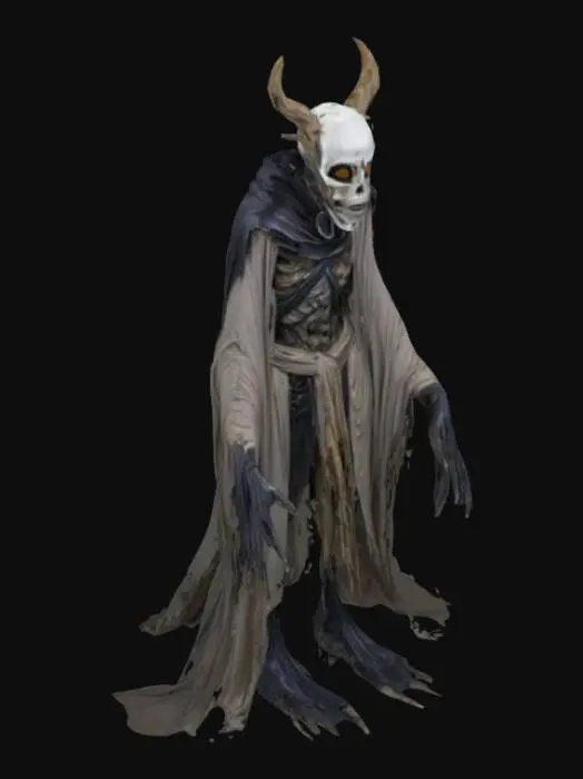 3D model for The Hollow Regent is a towering, emaciated figure draped in rotting ceremonial robes that constantly drip with black ichor. Its face is a cracked porcelain mask, fused to flesh, with no visible mouth—only the faint sound of wet breathing from beneath. Eyes are hollow pits that glow faintly like dying embers, and its elongated limbs end in too many fingers, jointed wrong, twitching and curling as though sensing unseen things.