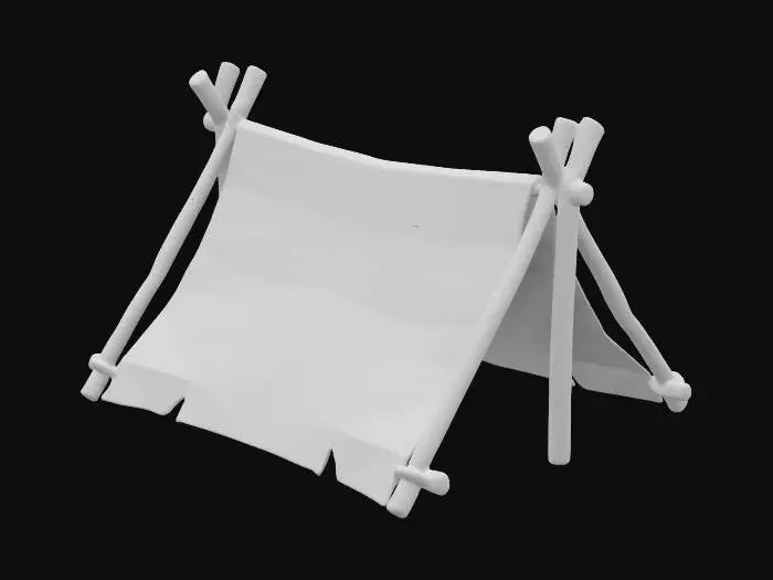 3D model for A medieval canvas a-frame tent.  Supported by wooden poles Highly stylized. Ensure all walls and features are at least 2mm thick.  Include bold, recessed features with a depth of at least 2mm. Maintain sharp, clean lines. Embossed features to rise at least 2mm above the surface. Recess etched details at least 2mm deep for clarity. DND.