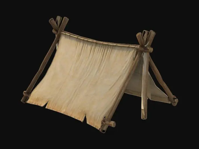 3D model for A medieval canvas a-frame tent.  Supported by wooden poles Highly stylized. Ensure all walls and features are at least 2mm thick.  Include bold, recessed features with a depth of at least 2mm. Maintain sharp, clean lines. Embossed features to rise at least 2mm above the surface. Recess etched details at least 2mm deep for clarity. DND.