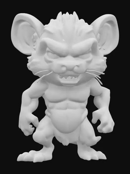 3D model for A wererat.  Muscular body.  Menacing expression.  Chibi art style. Well-proportioned.  Clearly defined features.  Highly detailed.  Highly stylized. Walls and features are at least 2mm thick.  Bold, recessed features with a depth of at least 2mm. Sharp, clean lines. Embossed features to rise at least 2mm above the surface. DND.