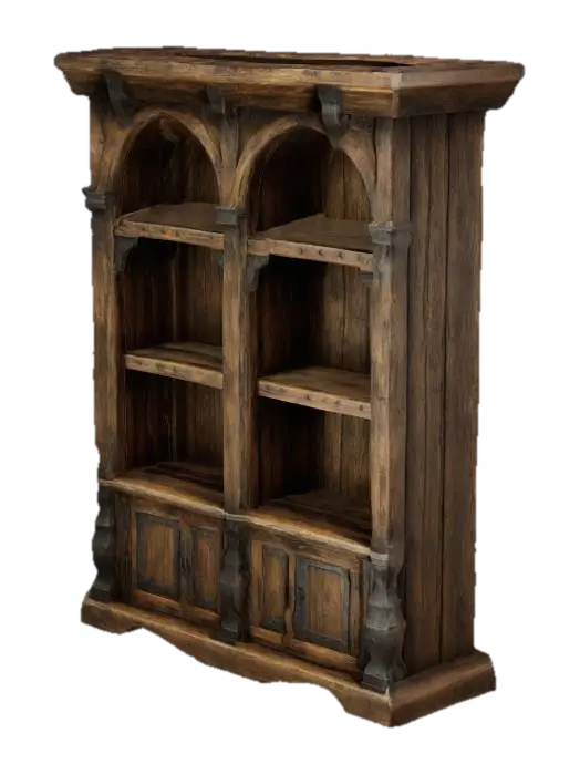 A medieval rustic wooden bookcase made of rough, aged wood. Empty shelves. Highly stylized. Ensure all… 的 AI 生成 3D 模型