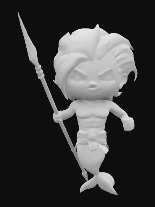 3D model for A merman.  Bare-chested.  Long, iridescent fish tail.  Flowing white hair.  Menacing expression. Holding a spear. Chibi art style. Highly stylized. Ensure all walls and features are at least 2mm thick.  Include bold, recessed features with a depth of at least 2mm. Maintain sharp, clean lines. Embossed features to rise at least 2mm above the surface. Recess etched details at least 2mm deep for clarity. DND.