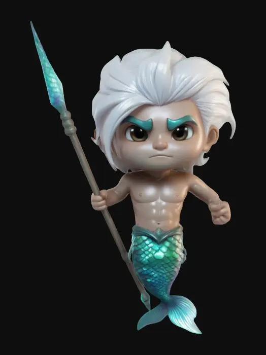 3D model for A merman.  Bare-chested.  Long, iridescent fish tail.  Flowing white hair.  Menacing expression. Holding a spear. Chibi art style. Highly stylized. Ensure all walls and features are at least 2mm thick.  Include bold, recessed features with a depth of at least 2mm. Maintain sharp, clean lines. Embossed features to rise at least 2mm above the surface. Recess etched details at least 2mm deep for clarity. DND.