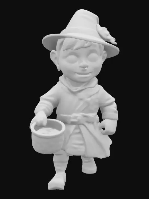 3D model for A male medieval fisherman.  Walking pose. Sculpted detail, Well-lit.  Chibi art style. Highly stylized. Ensure all walls and features are at least 2mm thick.  Include bold, recessed features with a depth of at least 2mm. Maintain sharp, clean lines. Embossed features to rise at least 2mm above the surface. Recess etched details at least 2mm deep for clarity. DND.