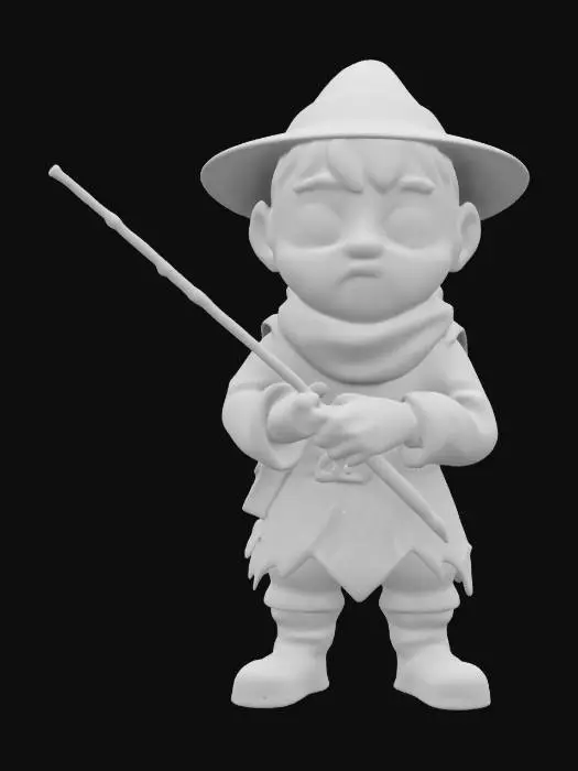 3D model for A male medieval fisherman.  Sculpted detail, Well-lit.  Chibi art style. Highly stylized. Ensure all walls and features are at least 2mm thick.  Include bold, recessed features with a depth of at least 2mm. Maintain sharp, clean lines. Embossed features to rise at least 2mm above the surface. Recess etched details at least 2mm deep for clarity. DND.