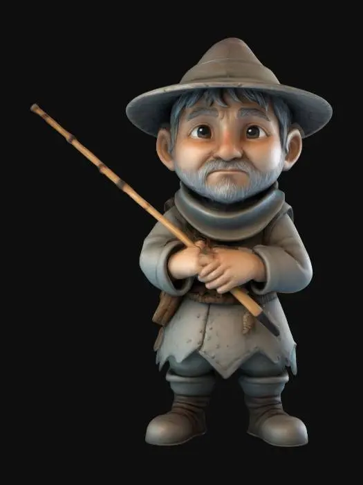 3D model for A male medieval fisherman.  Sculpted detail, Well-lit.  Chibi art style. Highly stylized. Ensure all walls and features are at least 2mm thick.  Include bold, recessed features with a depth of at least 2mm. Maintain sharp, clean lines. Embossed features to rise at least 2mm above the surface. Recess etched details at least 2mm deep for clarity. DND.