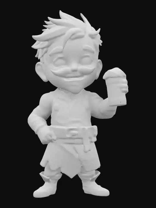 3D model for A male medieval bartender. Sculpted detail, Well-lit. Chibi art style. Highly stylized. Ensure all walls and features are at least 2mm thick. Include bold, recessed features with a depth of at least 2mm. Maintain sharp, clean lines. Embossed features to rise at least 2mm above the surface. Recess etched details at least 2mm deep for clarity. DND.