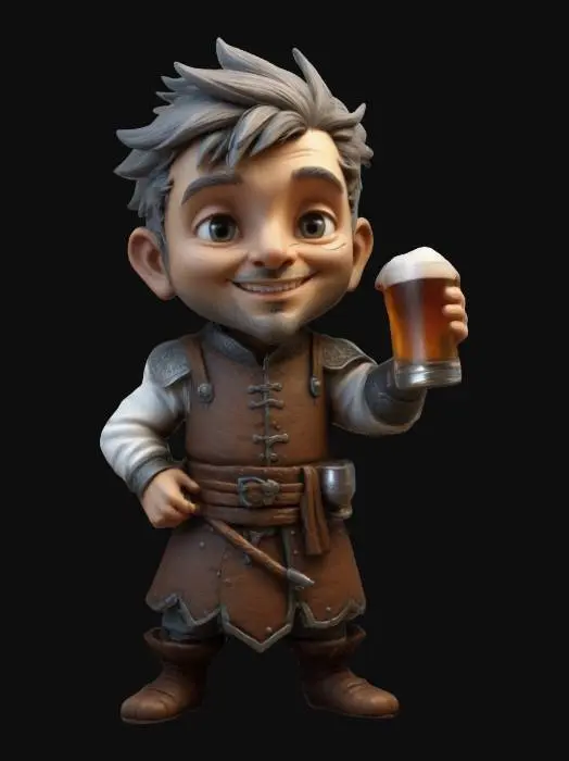 3D model for A male medieval bartender. Sculpted detail, Well-lit. Chibi art style. Highly stylized. Ensure all walls and features are at least 2mm thick. Include bold, recessed features with a depth of at least 2mm. Maintain sharp, clean lines. Embossed features to rise at least 2mm above the surface. Recess etched details at least 2mm deep for clarity. DND.