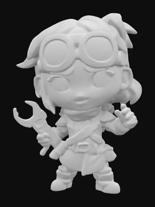 3D model for A Dungeons & Dragons style female artificer wearing goggles.  Holding a monkey wrench in one hand. Highly detailed clothing. Fighting pose. Chibi art style. Sculpted detail. Highly detailed.  Ensure all walls and features are at least 2mm thick.  Include bold, recessed features with a depth of at least 2mm. Maintain sharp, clean lines. Embossed features to rise at least 2mm above the surface. Recess etched details at least 2mm deep for clarity. DND. TTRPG. Miniature.