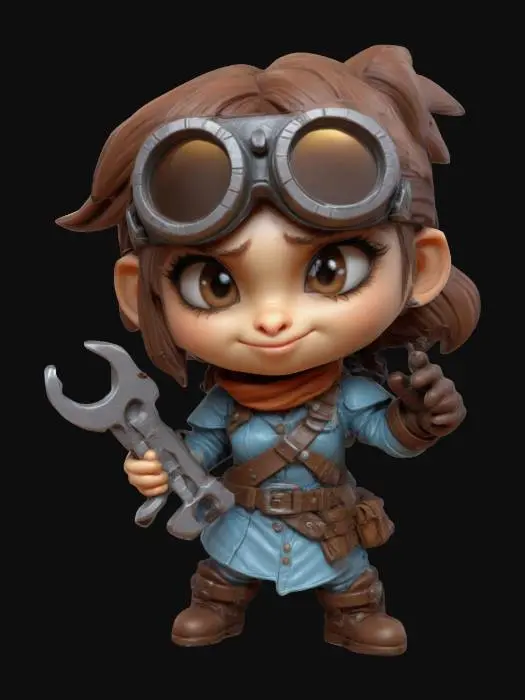3D model for A Dungeons & Dragons style female artificer wearing goggles.  Holding a monkey wrench in one hand. Highly detailed clothing. Fighting pose. Chibi art style. Sculpted detail. Highly detailed.  Ensure all walls and features are at least 2mm thick.  Include bold, recessed features with a depth of at least 2mm. Maintain sharp, clean lines. Embossed features to rise at least 2mm above the surface. Recess etched details at least 2mm deep for clarity. DND. TTRPG. Miniature.