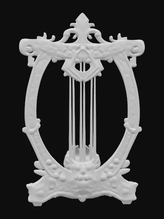 3D model for The Chrono Harp. A harp modeled after ancient Greek lyres, strung with silver threads. Gothic embellishments. Sound amplifiers attached to frame with digital displays. .Sculpted detail. Highly detailed.  Ensure all walls and features are at least 2mm thick.  Include bold, recessed features with a depth of at least 2mm. Maintain sharp, clean lines. Embossed features to rise at least 2mm above the surface. Recess etched details at least 2mm deep for clarity.   #ChronoForgeWeapon#