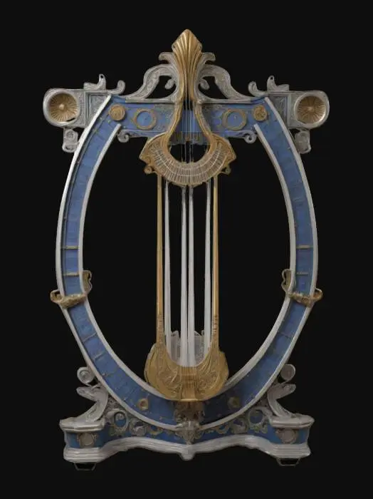 3D model for The Chrono Harp. A harp modeled after ancient Greek lyres, strung with silver threads. Gothic embellishments. Sound amplifiers attached to frame with digital displays. .Sculpted detail. Highly detailed.  Ensure all walls and features are at least 2mm thick.  Include bold, recessed features with a depth of at least 2mm. Maintain sharp, clean lines. Embossed features to rise at least 2mm above the surface. Recess etched details at least 2mm deep for clarity.   #ChronoForgeWeapon#