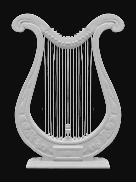 3D model for The Chrono Harp. A harp modeled after ancient Greek lyres, strung with silver threads. Gothic embellishments. Sound amplifiers attached to frame with digital displays. .Sculpted detail. Highly detailed.  Ensure all walls and features are at least 2mm thick.  Include bold, recessed features with a depth of at least 2mm. Maintain sharp, clean lines. Embossed features to rise at least 2mm above the surface. Recess etched details at least 2mm deep for clarity.   #ChronoForgeWeapon#