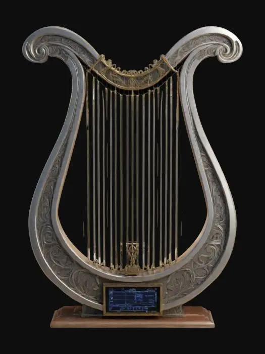 3D model for The Chrono Harp. A harp modeled after ancient Greek lyres, strung with silver threads. Gothic embellishments. Sound amplifiers attached to frame with digital displays. .Sculpted detail. Highly detailed.  Ensure all walls and features are at least 2mm thick.  Include bold, recessed features with a depth of at least 2mm. Maintain sharp, clean lines. Embossed features to rise at least 2mm above the surface. Recess etched details at least 2mm deep for clarity.   #ChronoForgeWeapon#