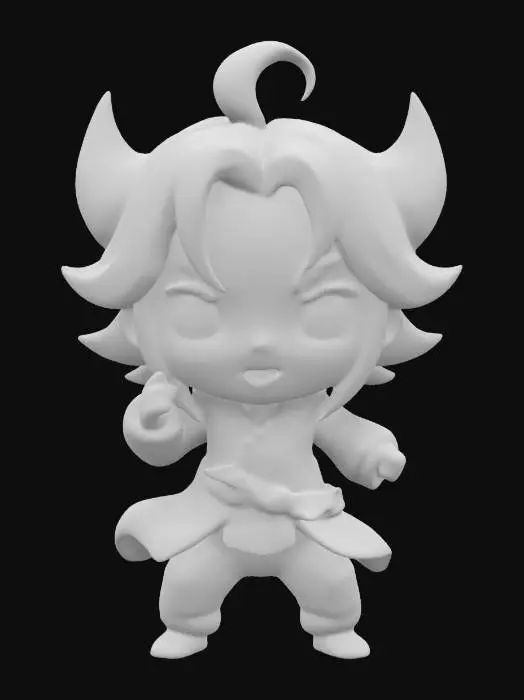 3D model for Arlecchino from Genshin Impact as a Chibi miniature.  Fighting stance. Chibi art style. Bold sculpted and embossed detail. Simple shapes. Clean bold lines.  Ensure all walls and features are at least 2mm thick.