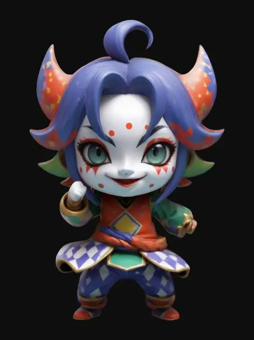 3D model for Arlecchino from Genshin Impact as a Chibi miniature.  Fighting stance. Chibi art style. Bold sculpted and embossed detail. Simple shapes. Clean bold lines.  Ensure all walls and features are at least 2mm thick.