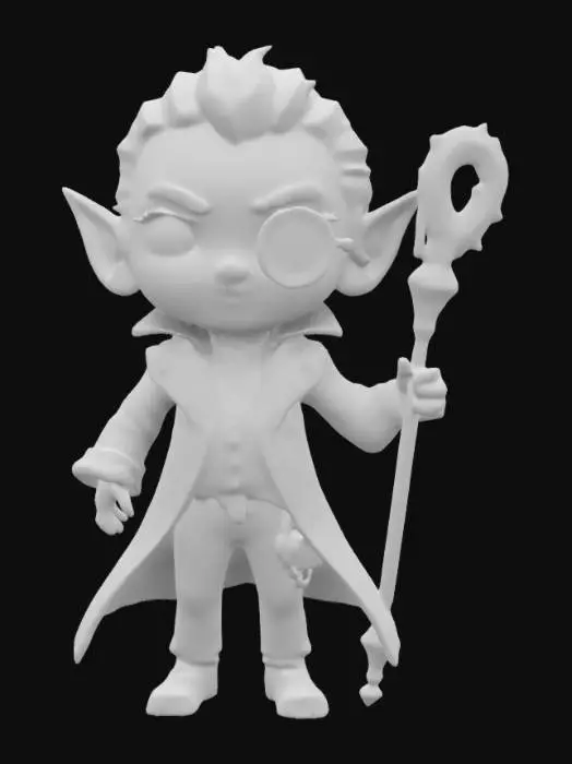3D model for A steampunk style vampire wearing an elaborate suit and a monocle.  Holding a thick walking cane in one hand. Action pose. Chibi art style. Highly stylized. Blocky shapes with sharply squared edges. Deeply etched detail. Highly embossed detail. All walls and features are at least 2mm thick.  Include bold features.