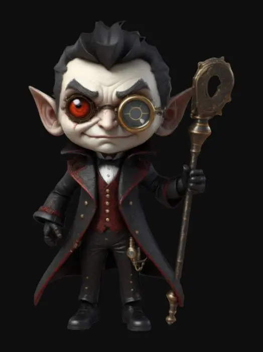 3D model for A steampunk style vampire wearing an elaborate suit and a monocle.  Holding a thick walking cane in one hand. Action pose. Chibi art style. Highly stylized. Blocky shapes with sharply squared edges. Deeply etched detail. Highly embossed detail. All walls and features are at least 2mm thick.  Include bold features.