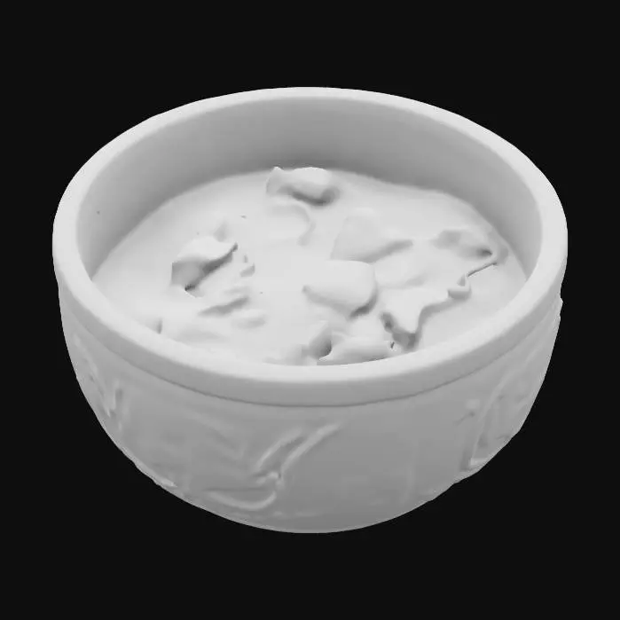 3D model for A medieval bowl of stew. Highly stylized. Ensure all walls and features are at least 2mm thick.  Include bold, recessed features with a depth of at least 2mm. Maintain sharp, clean lines. Embossed features to rise at least 2mm above the surface. Recess etched details at least 2mm deep for clarity. DND.