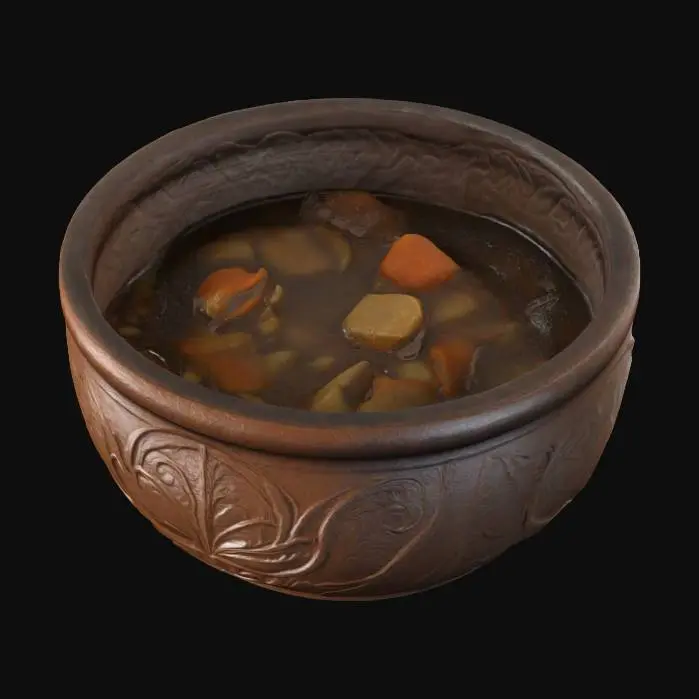 3D model for A medieval bowl of stew. Highly stylized. Ensure all walls and features are at least 2mm thick.  Include bold, recessed features with a depth of at least 2mm. Maintain sharp, clean lines. Embossed features to rise at least 2mm above the surface. Recess etched details at least 2mm deep for clarity. DND.