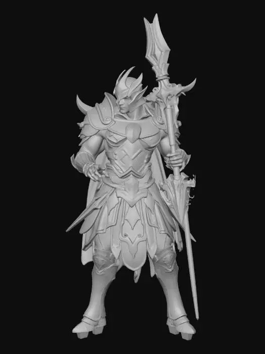 3D model for "A heroic stylized 3D warrior character from a classic MMORPG, wearing legendary heavy plate armor. The armor is 'Chitin Shell' style: dark crimson and gold polished steel with sharp shoulder pads and a heavy engraved breastplate. The character is a muscular male human with a stoic expression.

Weapon: He is holding a massive 'Raptor' polearm—a long, heavy two-handed spear with a wide, curved axe-like blade at the top. The blade glows with a pulsing, electric blue and white aura (representing a +7 glow effect).

Style: High-quality fantasy game asset, sharp details, cinematic lighting, 4k textures, Unreal Engine 5 render style, heroic T-pose or A-pose for rigging. No blur, high poly count look."