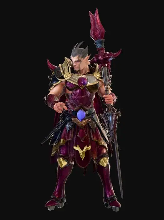 3D model for "A heroic stylized 3D warrior character from a classic MMORPG, wearing legendary heavy plate armor. The armor is 'Chitin Shell' style: dark crimson and gold polished steel with sharp shoulder pads and a heavy engraved breastplate. The character is a muscular male human with a stoic expression.

Weapon: He is holding a massive 'Raptor' polearm—a long, heavy two-handed spear with a wide, curved axe-like blade at the top. The blade glows with a pulsing, electric blue and white aura (representing a +7 glow effect).

Style: High-quality fantasy game asset, sharp details, cinematic lighting, 4k textures, Unreal Engine 5 render style, heroic T-pose or A-pose for rigging. No blur, high poly count look."