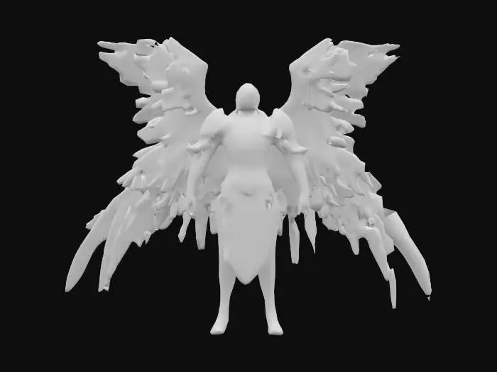 3D model for A fallen angel with tattered, obsidian-black wings, their once-radiant armor now cracked and scarred from countless battles. Glowing crimson runes pulse along their gauntlets, binding them to an ancient curse. Their piercing, sorrow-filled gaze lingers beneath a hood, and in their grasp, a broken celestial blade hums with remnants of divine power