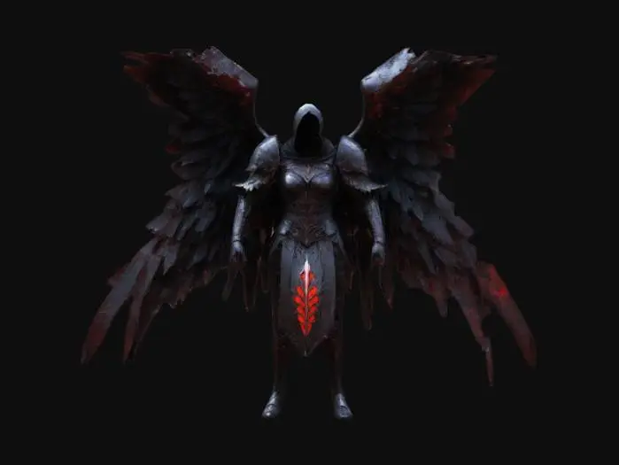 3D model for A fallen angel with tattered, obsidian-black wings, their once-radiant armor now cracked and scarred from countless battles. Glowing crimson runes pulse along their gauntlets, binding them to an ancient curse. Their piercing, sorrow-filled gaze lingers beneath a hood, and in their grasp, a broken celestial blade hums with remnants of divine power