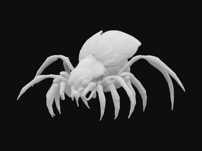3D model for A massive, beast spider with saturated phosphorescent flower bloom, petals instead of body, its body is translucent white bio color almost like ghost texture. It has eight piercing red blood eyes and a maw filled with sharp fangs. Wisps of lightning energy coil around its muscular limbs as it moves with eerie, vivid colors, highly detailed