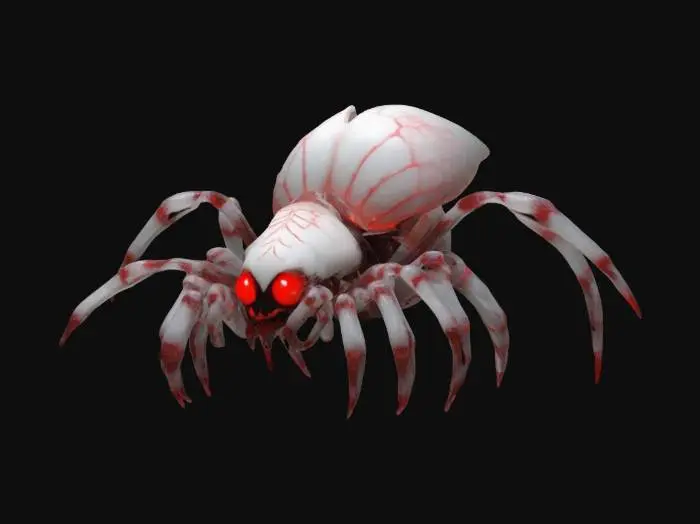 3D model for A massive, beast spider with saturated phosphorescent flower bloom, petals instead of body, its body is translucent white bio color almost like ghost texture. It has eight piercing red blood eyes and a maw filled with sharp fangs. Wisps of lightning energy coil around its muscular limbs as it moves with eerie, vivid colors, highly detailed