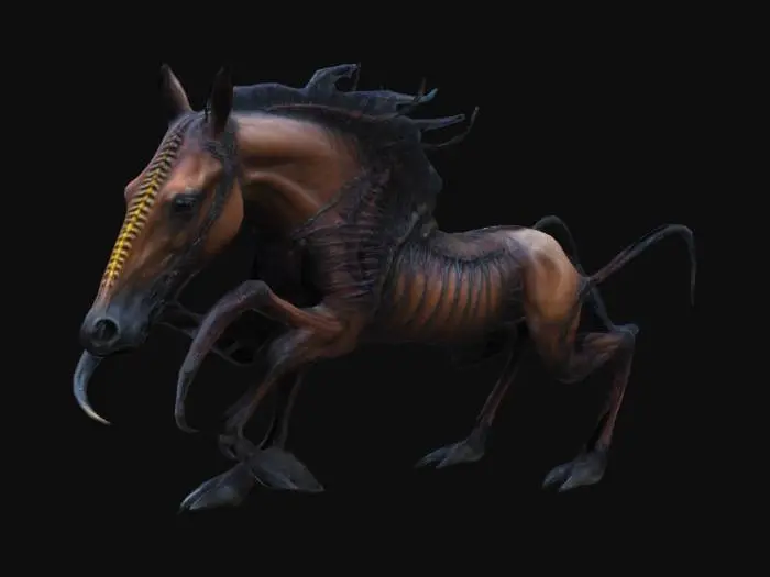 3D model for Centipede horse merged together,
radial coloring, grim dark fantasy