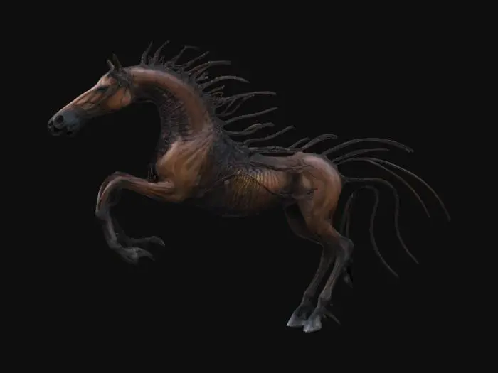 3D model for Centipede horse merged together,
radial coloring, grim dark fantasy