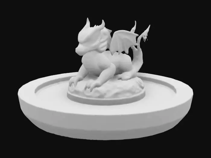 3D model for A stone #garden# fountain with stone miniature dragon scalpture at the center, dragon carvings, cracks and moss, very melancholic style, no water, simple symetrical