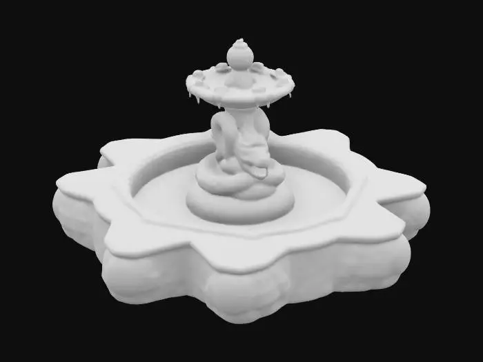 3D model for A ancient stone #garden# fountain with stone miniature of dragon sculpture/statue at the center, serpent/dragon carvings, cracks and moss, very melancholic style, no water, creative symmetrical shapes.
