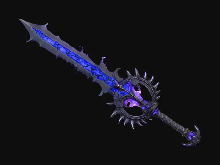 3D model for A dark, demonic long greatsword, forged of jagged black metal with crimson glowing cracks. Its blade is serrated and spiked. The guard is circular with sharp outward thorns, radiating sinister energy. Edges burn with ember-like glow, exuding a cursed, otherworldly presence. The great sword is shaped like cybersigilism.