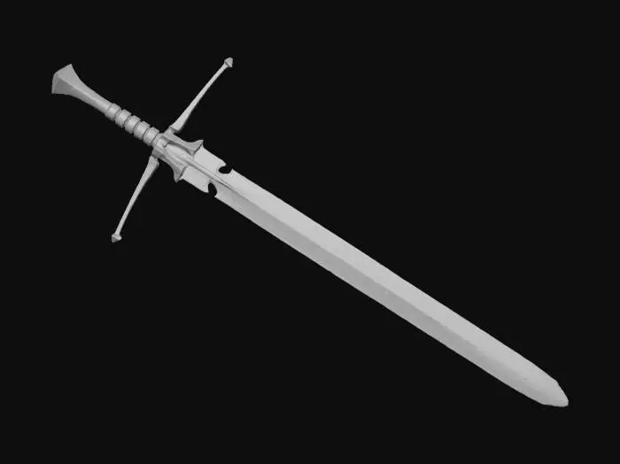 3D model for A sleek black longsword with a sharp straight blade, matte metallic blade. The crossguard is minimal with arrow-shaped spikes pointing outward. The hilt is dark and simple, ending in a triangular pommel.