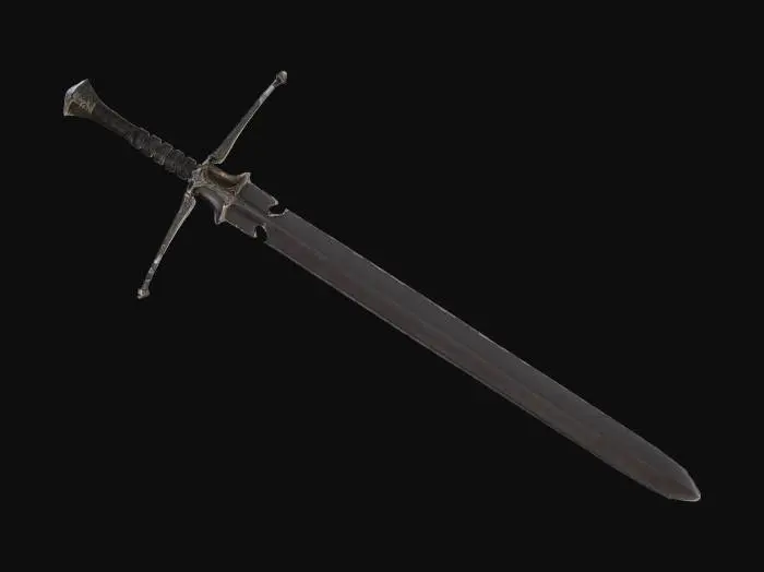 3D model for A sleek black longsword with a sharp straight blade, matte metallic blade. The crossguard is minimal with arrow-shaped spikes pointing outward. The hilt is dark and simple, ending in a triangular pommel.