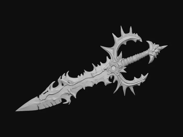 3D model for A dark, soul demonic long greatsword irregular and strange shape of blade , forged of jagged black metal with flame-yellow like pattern glowing cracks. Its blade is serrated and spiked. The guard is circular with sharp outward thorns, radiating sinister energy. Edges burn with ruby-like glow, exuding a cursed, otherworldly presence.