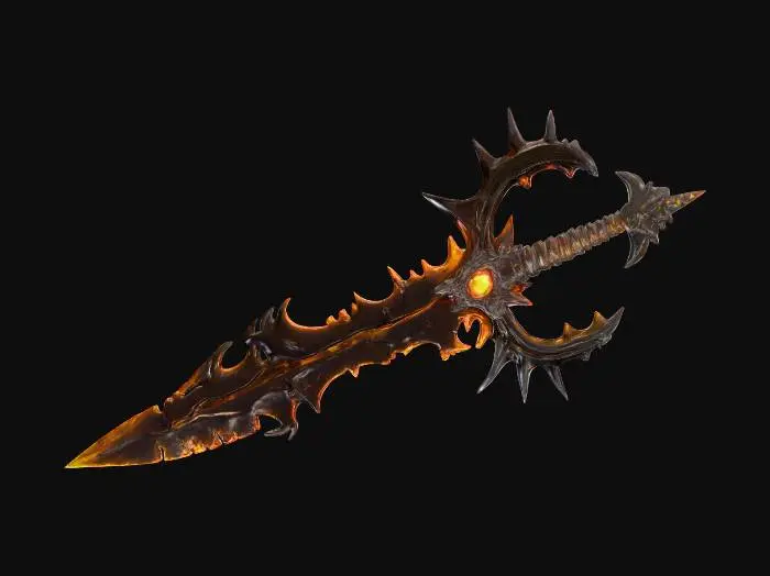 3D model for A dark, soul demonic long greatsword irregular and strange shape of blade , forged of jagged black metal with flame-yellow like pattern glowing cracks. Its blade is serrated and spiked. The guard is circular with sharp outward thorns, radiating sinister energy. Edges burn with ruby-like glow, exuding a cursed, otherworldly presence.